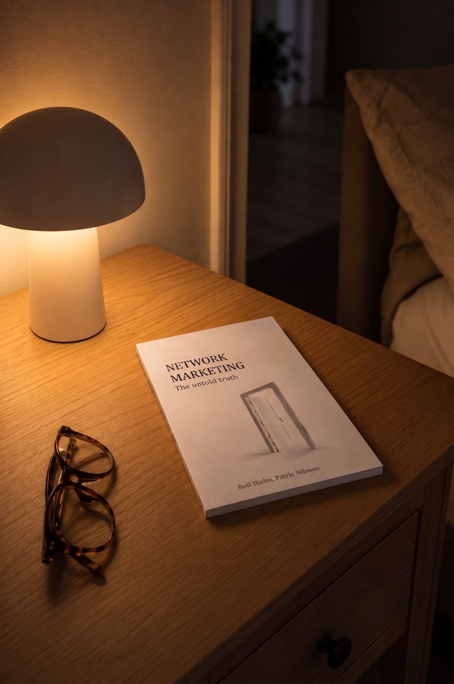 The book on a bedside table under a lit lamp