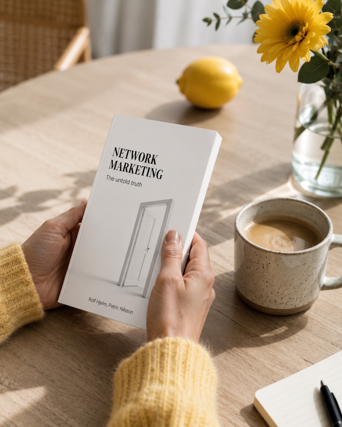 A reader holding the book at a kitchen table with coffee