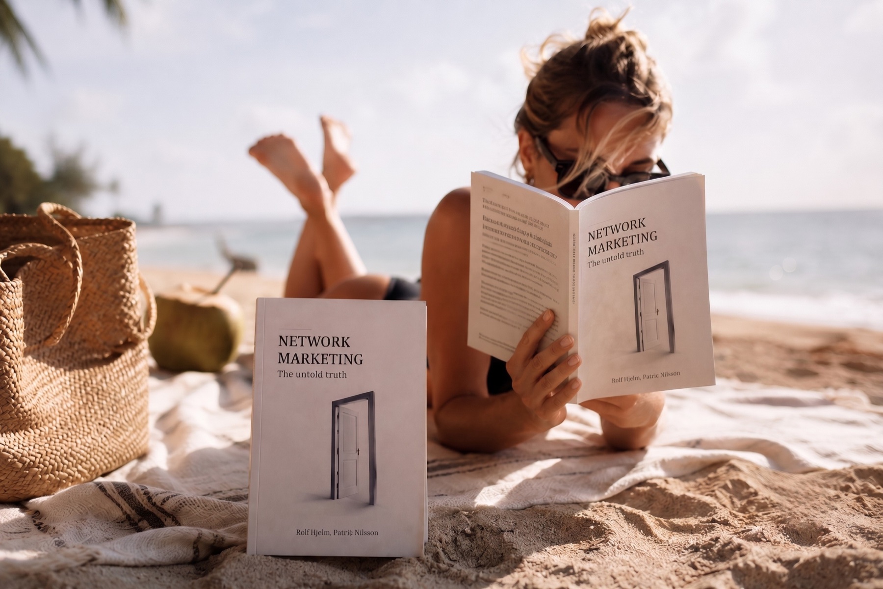A reader with the book on a beach